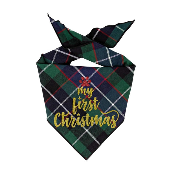 Christmas Green Plaid Flannel Dog Bandana - My First 