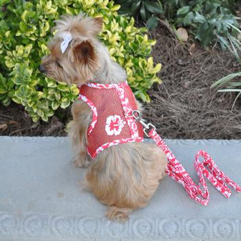 NEW-Doggie Design Red & White Hibiscus Flower Cool Mesh Harness w/ Leash & D-Ring