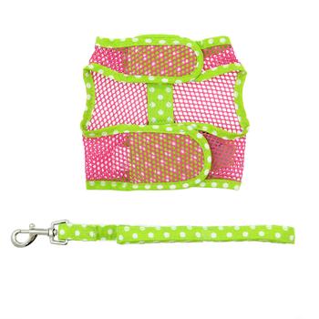 NEW-Doggie Design Frog Green Dot and Pink Cool Mesh Velcro Dog Harness with Leash