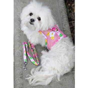 NEW-Doggie Design Pink Hawaiian Floral Cool Mesh Harness w/ Leash & D-Ring