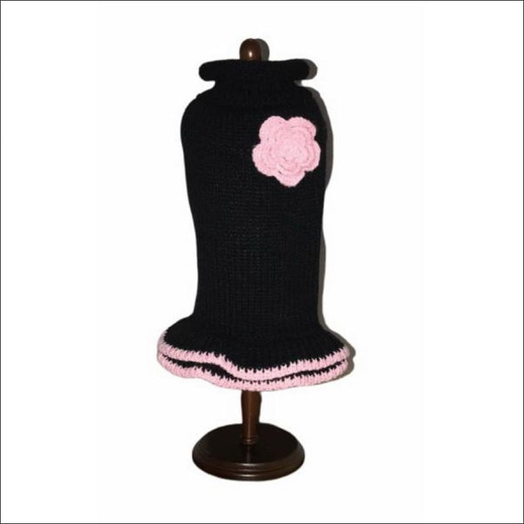 LiL Black Dog Sweater Dress By Dallas Dogs, Flower Dog Sweater Dress,birthday dog dress,celebration dog dress,lil black dog dress,birthday puppy dress,birthday sweater, black  sweater,dallas dogs sweater,acrylic dog sweater,black dog,hand Knit Dog Sweater,dog sweater,puppy sweater,pet sweater,small dog sweater,hand knit sweater,hand knit dog sweater,crochet dog sweater,knit dog sweater,sweater for dogs,dogs sweaters,dog sweaters,puppy sweaters,pet sweaters, flower neck dress, LiL Black Dog Sweater Dress