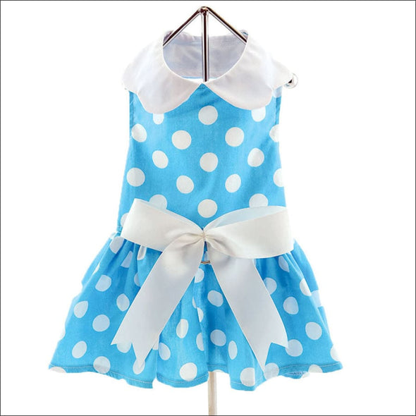 NEW-Doggie Desing Blue Polka Dot Dress w/ Leash & D-Ring - 