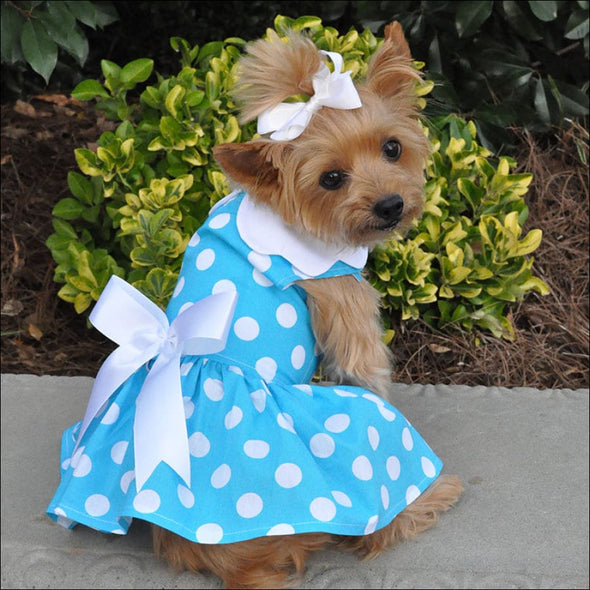 NEW-Doggie Desing Blue Polka Dot Dress w/ Leash & D-Ring - 