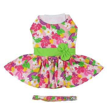 NEW-Doggie Design Pink Hawaiian Dog Floral Dress w/ Leash &