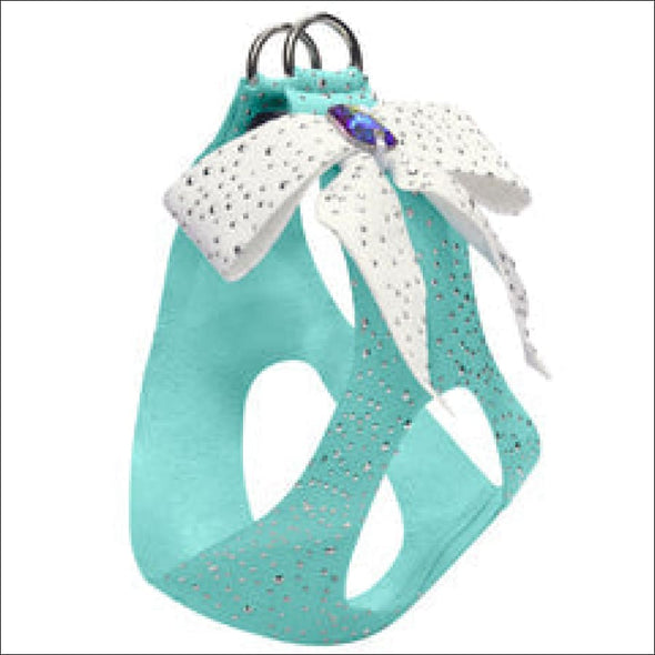 Susan Lanci Tiffi Blue Stardust Tail Bow Emerald Tinkie Harness,Susan Lanci Tiffi Blue,Tail Bow Step-In Harness,susan lanci,susan lanci harness,susan lanci designs,blue harness,tiffany blue,blue dog harness,soft dog harness,step in harness,dog harness,small dog harness,fashion harness,designer harness,puppy harness,harness for dogs,suede harness,pure simple,step-in,harness leash,step in,