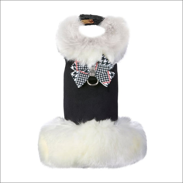 White Fur Coat with Classic Glen Houndstooth Nouveau Bow - 